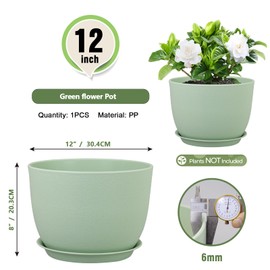 Meowell 12 inch Big Plant Pots, Plastic Planters with Drainage Holes and Trays, Flower Pots for Indoor Outdoor Plants, Modern Decorative Pots for Garden House Plants, Green