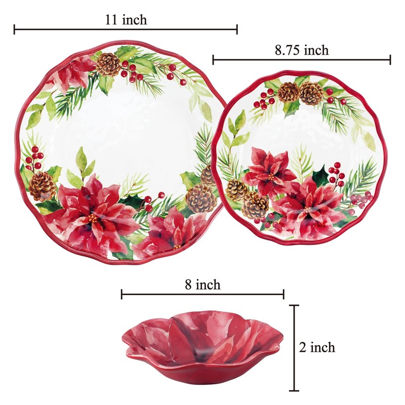 UPware 12 Piece Poinsettias Melamine Dinnerware Sets, Outdoor Dishes Set,
