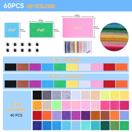 ABEJFIC 60PCS Felt Fabric Sheets Craft Kit - 4"x 4" + 4"x 6"+ 8"x 12" Assorted Colors - 1mm Thick Square Nonwoven Felt Fabric for Kids, DIY Sewing Crafts, Patchwork, School Projects, Decoration