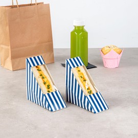 Restaurantware Cafe Vision 4.8 x 2 Inch Sandwich Paper Boxes, 25 Small Sandwich Wedge Boxes - With Window, Disposable, Blue And White Paper Triangle Sandwich Containers, Striped, Grease-Impervious
