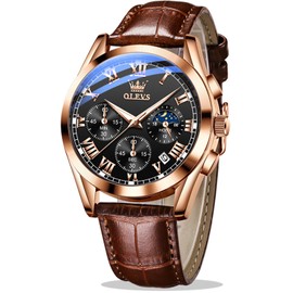 OLEVS Watch Men Brown Leather Watches for Men Black Big Face Casual Luxury Classic Dress Waterproof Mens Watch Analog Quartz Date Chronograph Moon Phase Men's Wrist Watches Relojes De Hombre