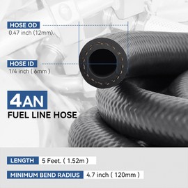 Auto Dynasty 4AN AN-4 1/4" (6mm) ID Push Lock Fuel Line Hose Universal For Automotive Gasoline/Engine Oil/Fuel System, 300PSI (Max Pressure), 5FT Length, Black NBR Rubber