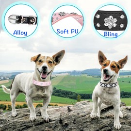 Rhinestone Dog Collar PU Leather Pet Collar Flower Pattern Studded Bling Puppy Collar with Crystal for Cat and Small Medium Dogs (S: for Neck Girth: 11-13 in, Pink)