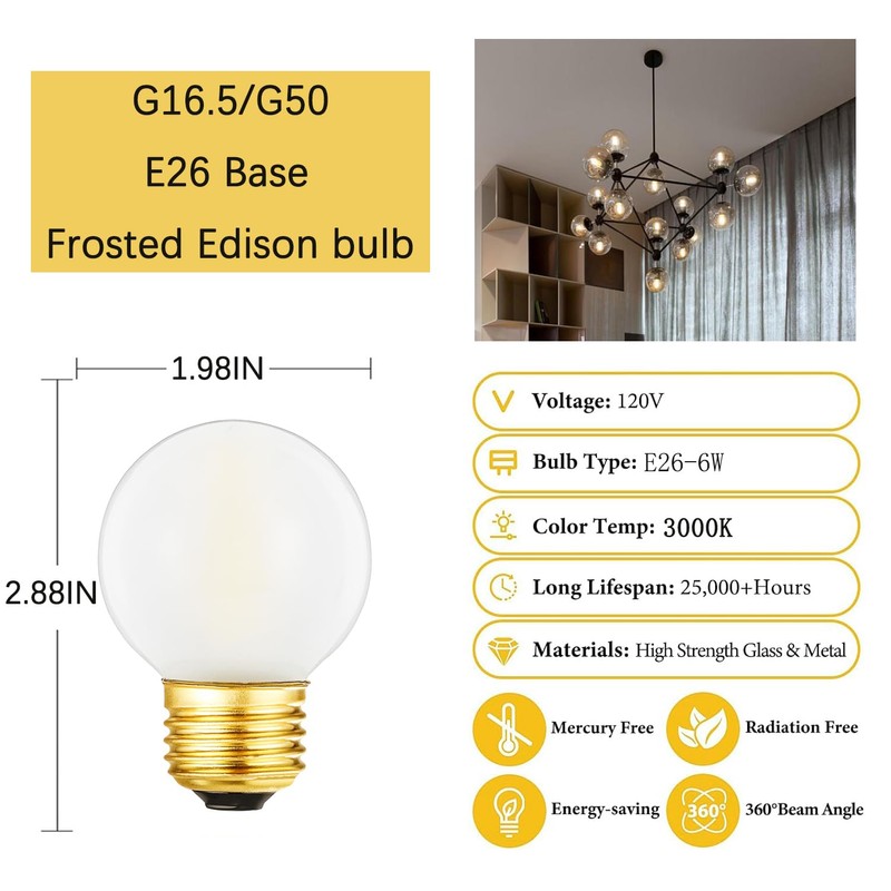 HOMOSUM Dimmable G16.5 Frosted Edison Bulb,6W E26 LED Bulb Equivalent