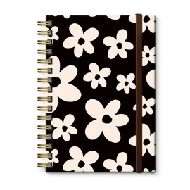DHGPTS Spiral Journal Notebook, A5 Cute Notebooks for Women Men, College Ruled Hardcover Notebook for Work & Note Taking, 60 Pages Double-Wire Journals for Writing, Black White Flowers