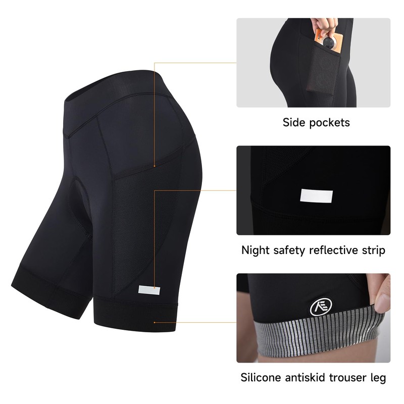 NUCKILY Ladies Padded Cycling Shorts Black with Pockets Lightweight Breathable