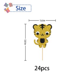RoadSea Tiger Cupcake Toppers - Zoo Wild Animals Baby Shower Cupcake Supplies - Kid Boy Girl Birthday Dessert Decor - Wedding Party Cupcake Decorations - 24 PCS Black & Gold Glitter (Tiger)