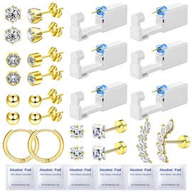 Nunpag 24 Pcs Ear Piercing Kit Ear Disposable Piercing Gun Kit Includes 6 Pcs Self Piercing Gun 12 Pcs Cubic Zirconia Earrings Stud Hoop Earrings 6 Alcohol Pads Easy to Use Ear Piercer Kit Tool, Gold