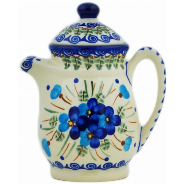 Authentic Polish Pottery Pitcher with Lid in Blue Pansy Design