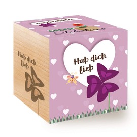 Feel Green 296657 Celebrations Ecocube, Heart Leaf Clover/Love Plant, Wooden Cube with Laser Engraving "Hab Dich Lieb", Sustainable Gift Idea, Growing Set, Made in Austria