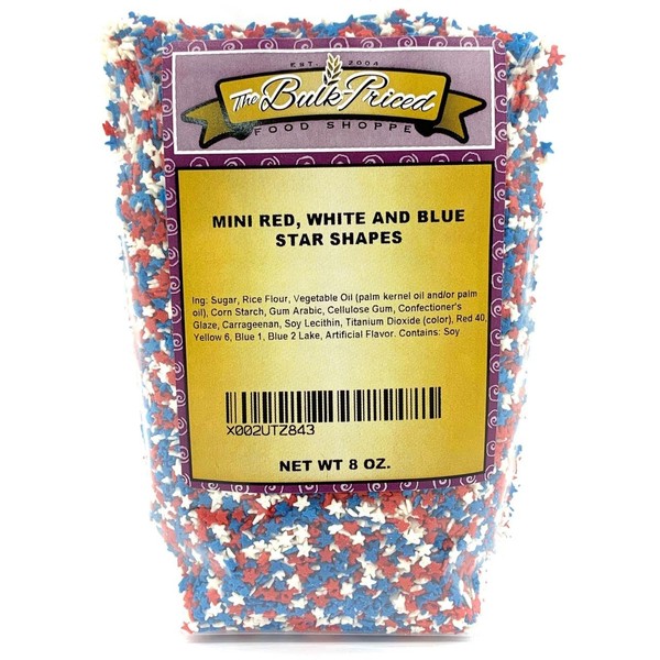 Mini rociadores de estrellas rojas, blancas y azules, tamaño granel (8 onzas resellable con cierre de cremallera)