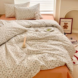 HighBuy Boho Floral Duvet Cover Full White Cotton Coquette Comforter Quilt Duvet Covers with Pink Floral,Garden Floral Bedding Set Full Lightweight Soft Cottagecore Duvet Cover Sets Cute,Full