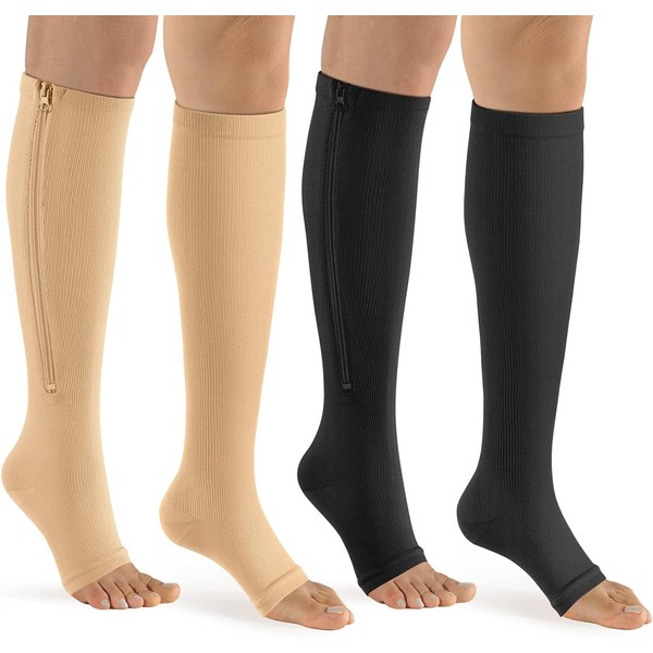 Bropite - Calcetines de compresión con cierre para mujeres y hombres, 2 pares de calcetines de compresión de pantorrilla de 15 a 20 mmHg, para caminar, correr, C-black/Nude, 4X-Large