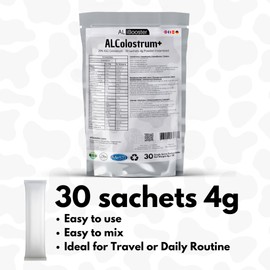 Alibooster ALColostrum+ - Colostrum Premium Powder - 100% Pure - Rich in IgG (20%) - Pocket Size - 30 Sachets of 4g 100% Natural