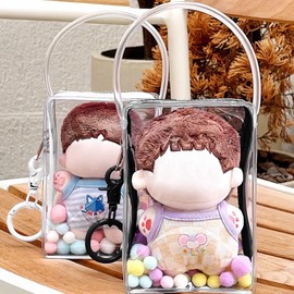 YUYAKESHI Bag, Pain Bag, Dustproof, Sewn Pouch, For Going Out, Doll Holder, 3.9 inches (10 cm) Cotton Doll, For Stuffed Animals, Transparent, Clear, Cuboid, PVC Handle, Key Chain Included, 5.1 inches