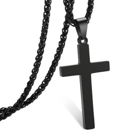 RS Black Cross Necklace for Men Boys, Stainless Steel Cross Pendant Chain 22 Inch Religious Christian Jewelry