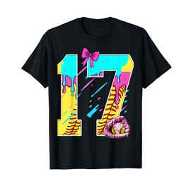 17th Birthday Softball Ice Cream Drip Bow 17 Years Kids Gift T-Shirt