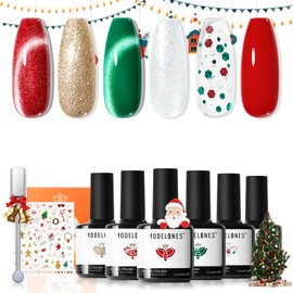 modelones Christmas Gel Nail Polish Set, 6 Colors Cat Eye Red Green Glitter Gold Silver Winter Gel Polish Kit with Magnet Nail Stickers Soak Off Led Nail Art Manicure Salon DIY New Year Holiday Gifts