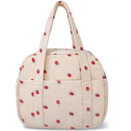 Yarnic Lunch Bag Women Men Insulated, Large Corduroy Lunch Box for Work with Bottle Pockets, Stylish Reusable Cooler Tote for Adults Teachers Picnic Hiking (Small Strawberry)