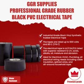 GGR Supplies T.R.U. EL7566-AW Professional Grade Rubber Black PVC Electrical Tape, rated up to 600 volts and 176 F - UL/CSA/CE Listed Synthetic: 4 in. x 66 Ft. (8 Mil)