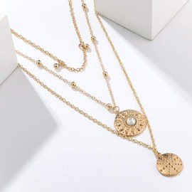 Women Multilayered Vintage Rhinestones Sun Pendant Choker Necklaces Double Layer Statement Necklaces Jewelry for Women and Girls (One size, Gold)