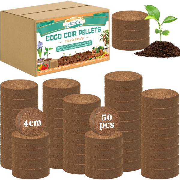 ZeeDix 50pcs(40mm) Coco Coir Pellets Potting Soil Indoor Plants, Compressed