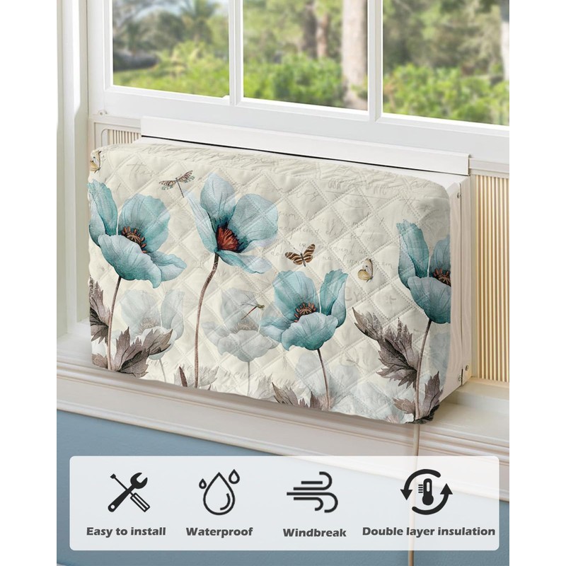 Spring Indoor Air Conditioner Covers, Retro Turquoise Flowers Floral Butterfly