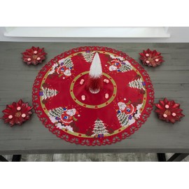 Embroidered Christmas Holiday Santa Claus and Christmas Trees Large Table Doily, Table Topper, Small Tablecloth (34 Inch Round)