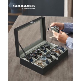 SONGMICS Watch Box, 12-Slot Watch Case with Large Glass Lid, Removable Watch Pillows, Watch Box Organizer, Gift for Loved Ones, Black Synthetic Leather, Gray Lining UJWB12BK