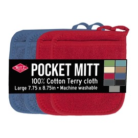 RITZ Terry Pocket Mitt & Hot Pad: Heat Resistant, Durable 100% Cotton – Ergonomically Designed for Optimal Grip, Easy-Care Machine Washable, Perfect for Your Kitchen – Federal Blue/Paprika, 4-Pack