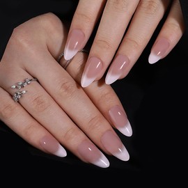 30pcs Ombre False Nails Almond - Medium Stiletto Press on Nails French Tip - Nude White Stick on nails - Natural Fake Nails with Glue - Summer Nails Glue on Full Cover Long Lasting