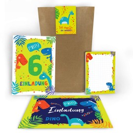 Junaversum 6 Invitation Cards for 6th Children's Birthday Boys Dinosaur Invitations with 6 Envelopes, 6 Bags, 6 Stickers, 6 Pads