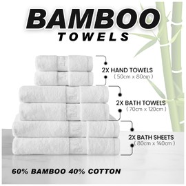 GC GAVENO CAVAILIA Large Bath Towel Bamboo Towels 2 Pack (70x120cm) - Highly Absorbent Quick Dry Towels (40% Cotton, 60% Bamboo) - Washable Bathroom Towel White - 500 GSM