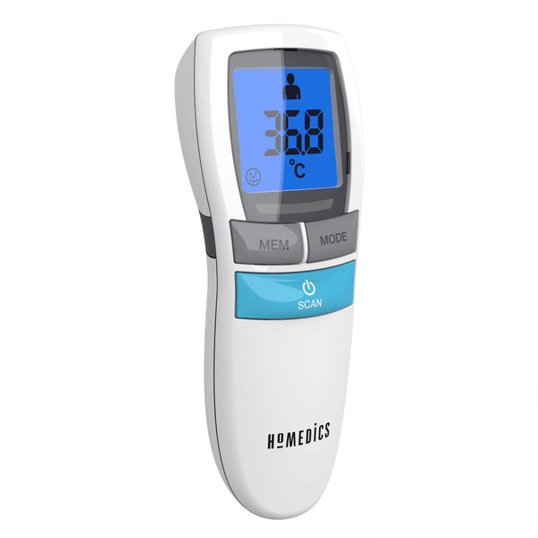 HoMedics No Touch Infrared Thermometer - Non-Contact, Portable, Forehead Temperature Reader, 1-Second Instant Measurement, Easy to Read LCD Display, Fever Alarm, Night Mode, Auto-Off - 2yr Guarantee