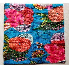 Indian Handmade Cotton Turquoise Kantha Fruit Print Threads Work Cushion Cover Throw Decorative Pillows Cover Bohemian 16x16 Inches