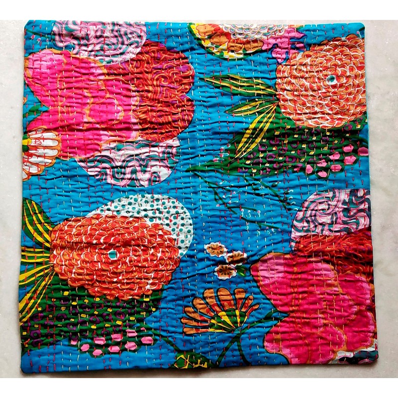 Indian Handmade Cotton Turquoise Kantha Fruit Print Threads Work Cushion
