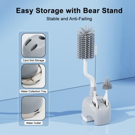 ePiiChua Silicone Bottle Brush Set with Stand, 360° Rotating Silicone Bottle Cleaning Brush Cleaner Set, Long Handle 3 in 1 Multipurpose Silicone Baby Bottle Straw Cleaner Brush (Grey)