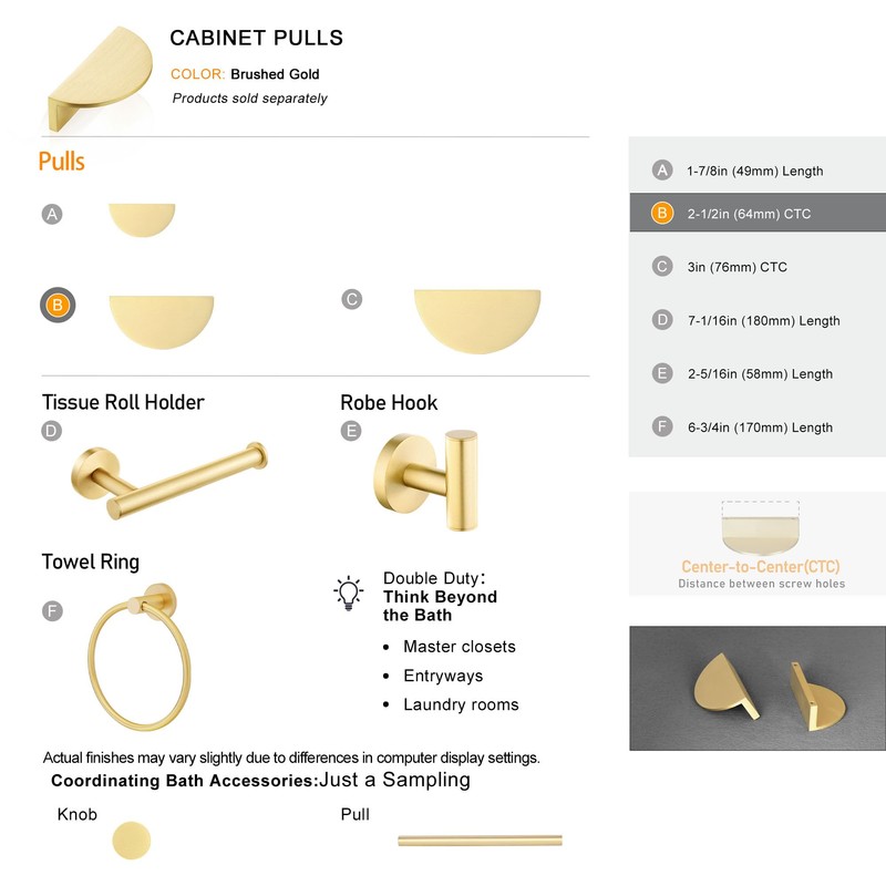 QOGRISUN 5-Pack Solid Brass Cabinet Pulls, Gold Half Moon Drawer