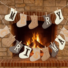 Tudomro Merry Christmas Burlap Banner, Hand Sewn Neutral Fireplace Banner, Brown Sock Shaped Decoration, Rustic Christmas Decorations for Mantel Fireplace Xmas Party Supplies Decor