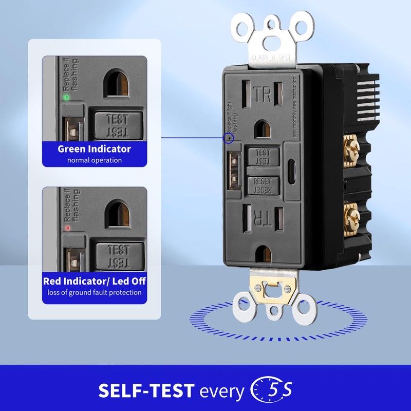 Suplevel 15 Amp Self-Test GFCI Outlet Combination with USB Type