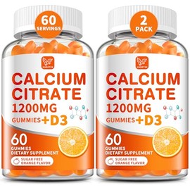 (2 Pack) Calcium Citrate 1200 mg with Vitamin D3 Gummies for Women & Men,Calcium Supplements for Bone & Teeth Support,High Absorption - Easy to Digest, Sugar Free,Vegan,Orange Flavor,60 Day Supply