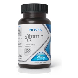 Biovea Vitamin D3 25 Mcg 100 Softgels Vitamina D Beneficiosa En El Tratamiento O La Prevención De Algunos Tipos De Cáncer, Promueve La Mineralización De Hueso, Puede Reducir La Presión Arterial Alta.