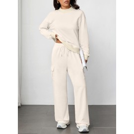 Aleumdr Two Piece Outfits Set for Women Fall Lounge Set Long Sleeve Sweatshirt with Cargo Sweatpants Wide Leg Tracksuit Beige Small