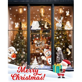 9 Sheets Christmas Window Stickers, Isisyu 180Pcs 3D Christmas Window Clings, Window Stickers Christmas Scene with Snowflakes Santa Claus Reindeer Snowman, Double Sided Xmas Window Decals