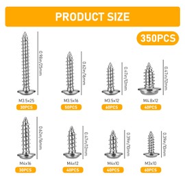 qxayxa 350pcs Self Tapping Screws for Wood Screw Assortment Kit, M3 M3.5 M4 M4.8 Assorted Pan Head Phillips Screws with Washer Head, Self Drilling Cross Pan Round Head Machine Screws Fasteners