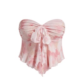 GORGLITTER Women's Floral Flowy Strapless Tube Top Babydoll Coquette Going Out Cute Bandeau Tops Pink Small