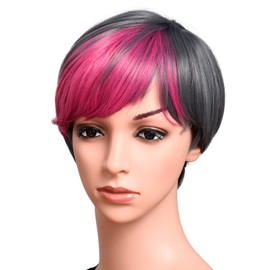 Short Hair Wig 100% Kanekalon Fiber Cosplay Daily Party Colorful Synthetic Wig for Women 6 inches (GRAY/PINK)