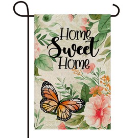 Texupday Home Sweet Home Watercolor Flower Butterfly Decoration Double Sided Vertical Burlap Garden Flag Spring Summer Rustic Farmhouse Holiday Party Outdoor Yard Banner 12" x 18"