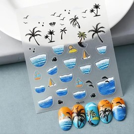 VOTACOS 6 Sheets Summer Nail Stickers for Nail Art 5D Embossed Shell Nail Decals 3D Nail Design Self-Adhesive Nail Supplies Accessories Palm Tree Jellyfish Nail Stickers for Women Nail Decoration