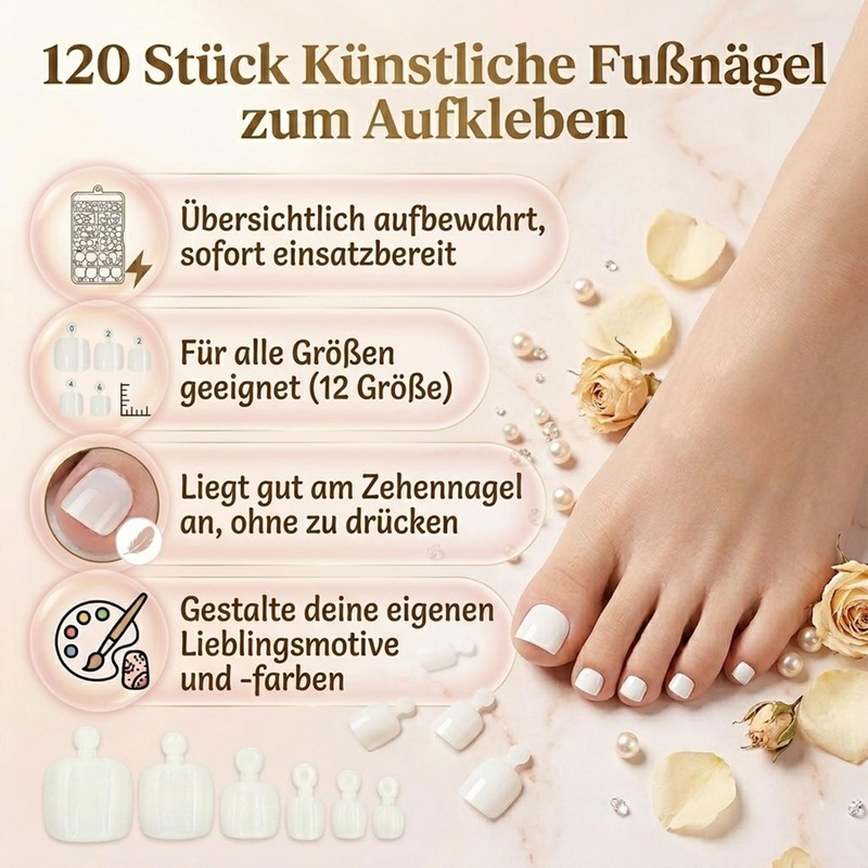 Pack of 120 Glue-On Artificial Toenails - White Square Natural